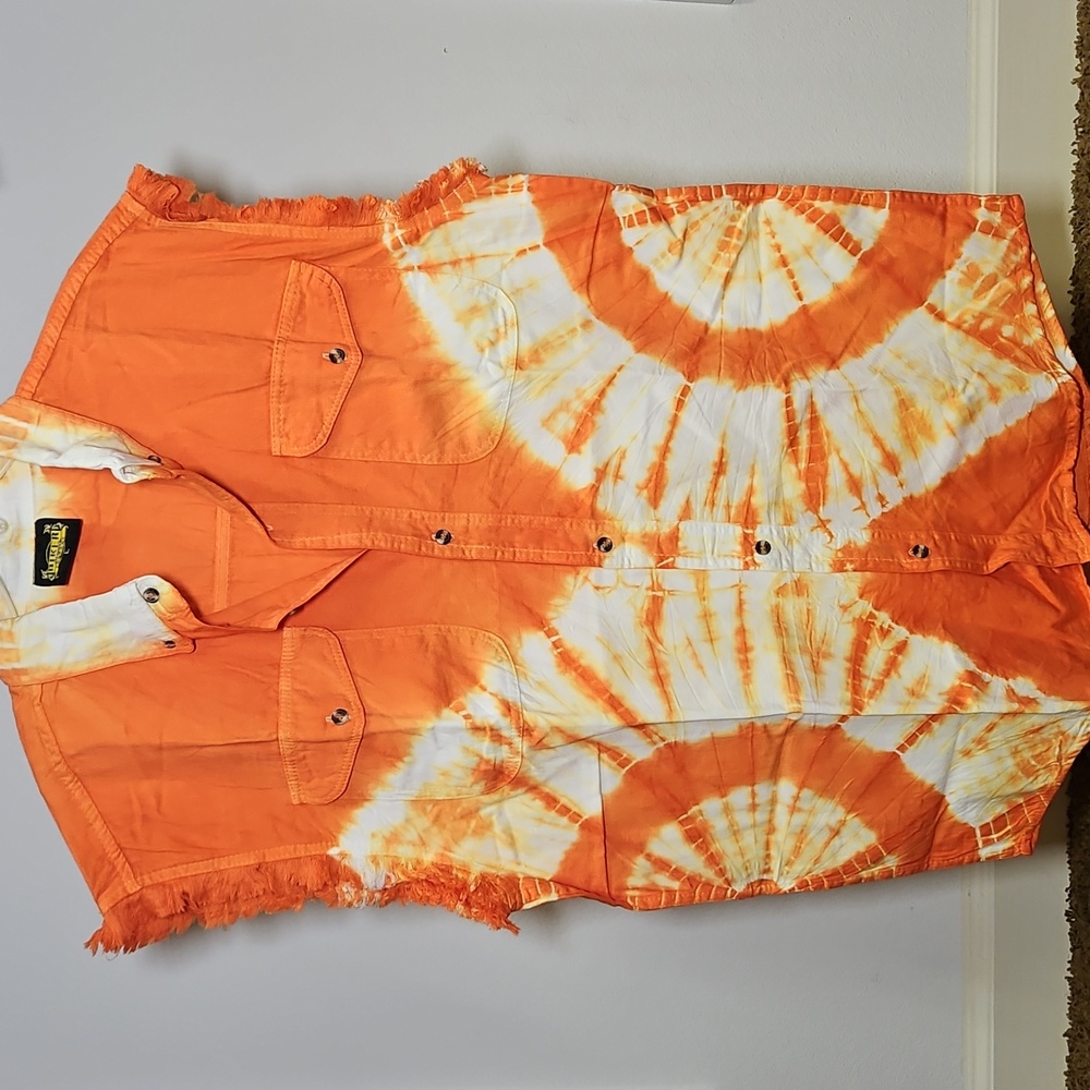 Biker Clothing Co. | Orange and White Tie-Dye Sleeveless Shirt | L